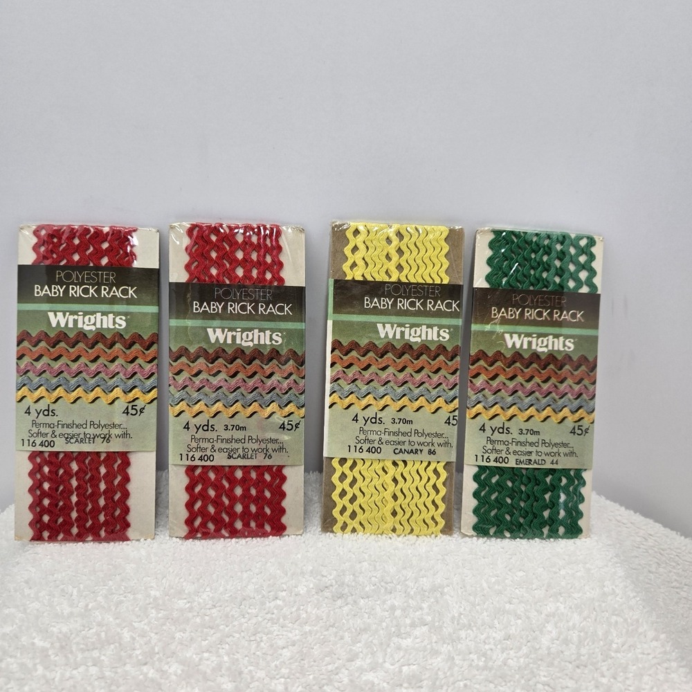 Vtg Wrights Polyester Baby Rick Rack NOS Scarlet Canary Emerald 4yds Per Pack